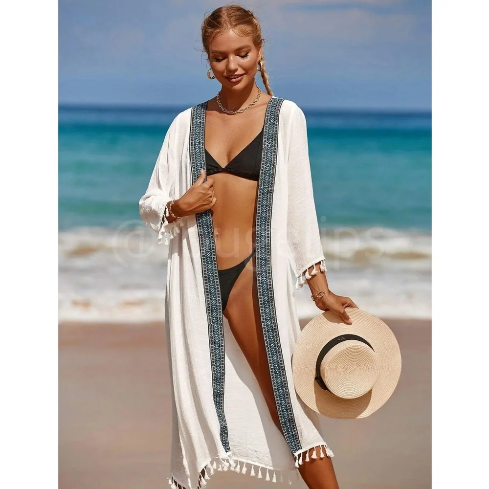 White Kimono Beach Coverup Tassel Trim Long - Picture 6 of 9